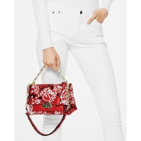 Michael Michael Kors CeCe Graffiti Print Leather Shoulder Bag Red Leather Gold - Picture 1 of 12